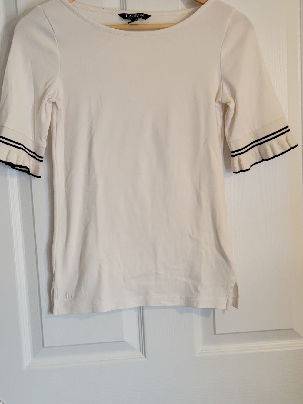 Ralph Lauren White Short Sleeve Top with Navy Stripe Ruffle Cuffs